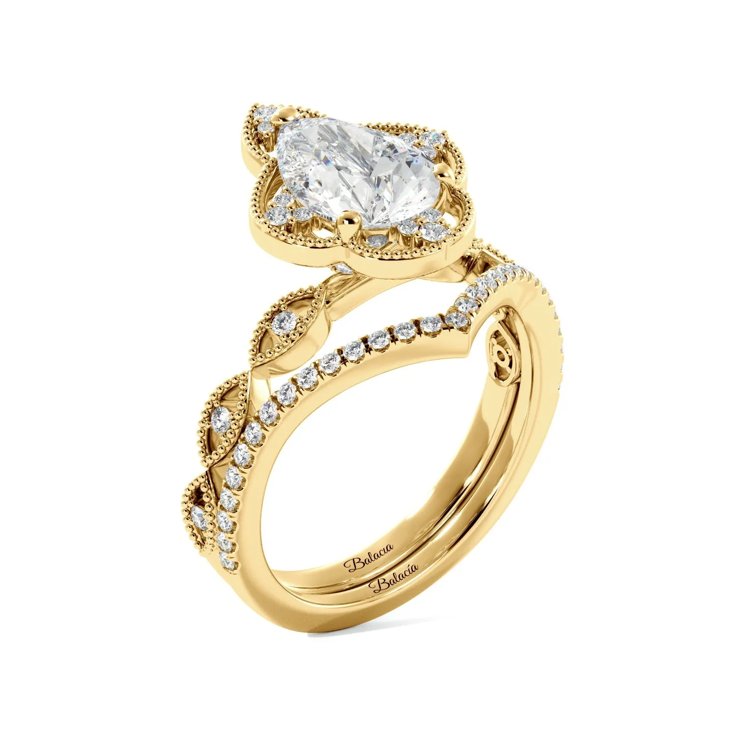 Pear Fancy Halo Milgrain Engagement Ring Set with Contour Band