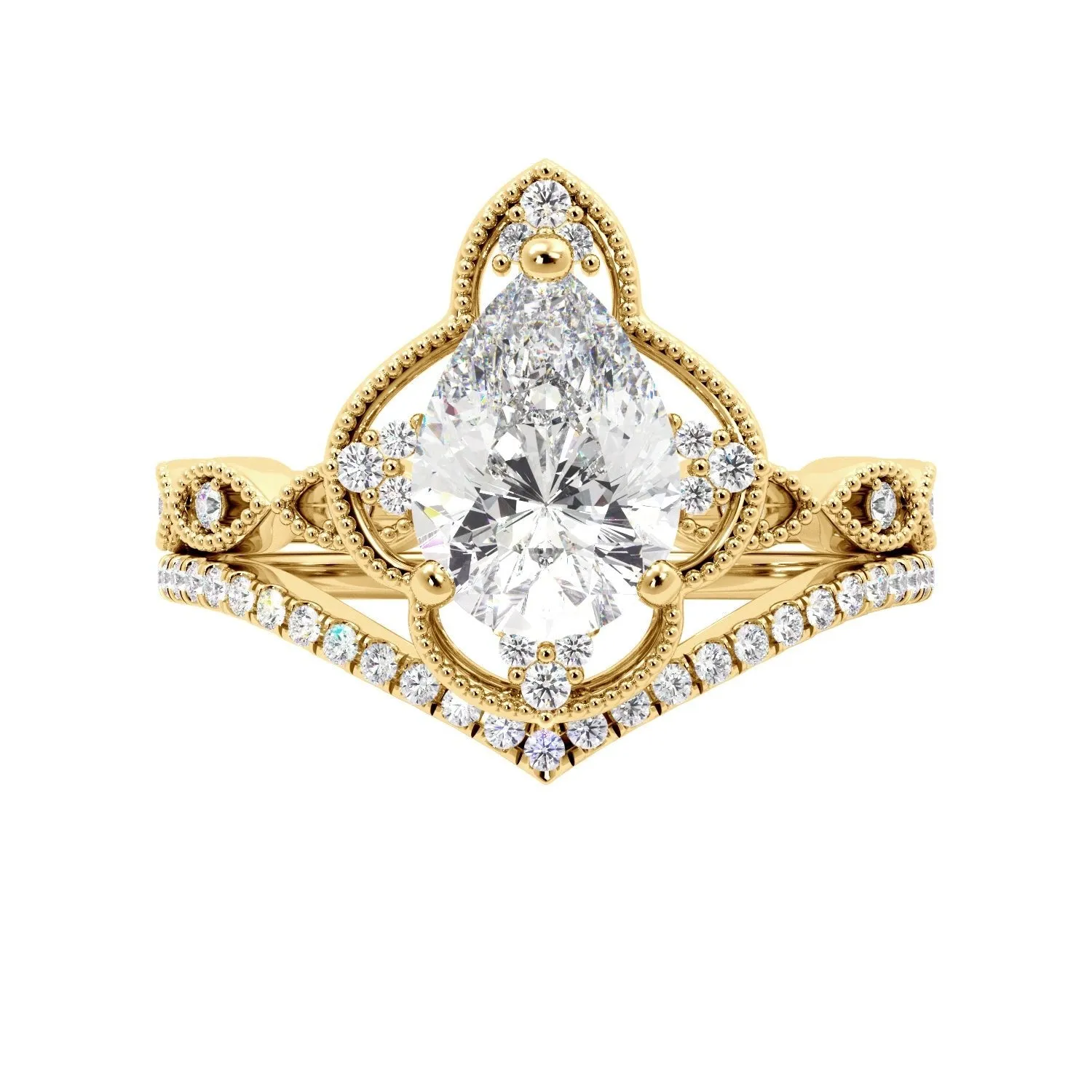 Pear Fancy Halo Milgrain Engagement Ring Set with Contour Band
