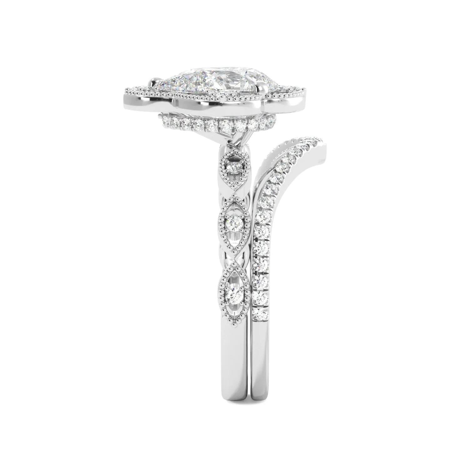 Pear Fancy Halo Milgrain Engagement Ring Set with Contour Band