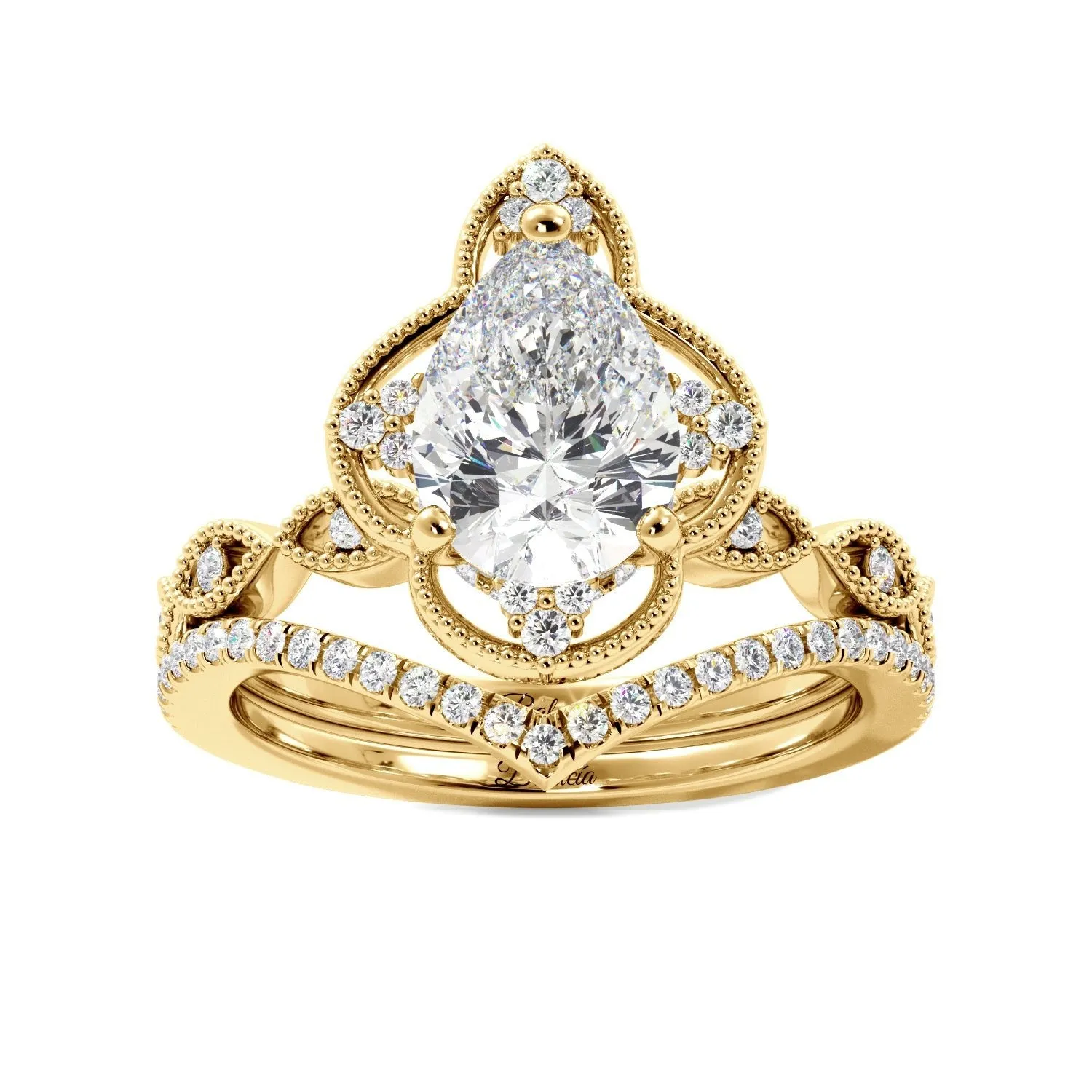 Pear Fancy Halo Milgrain Engagement Ring Set with Contour Band