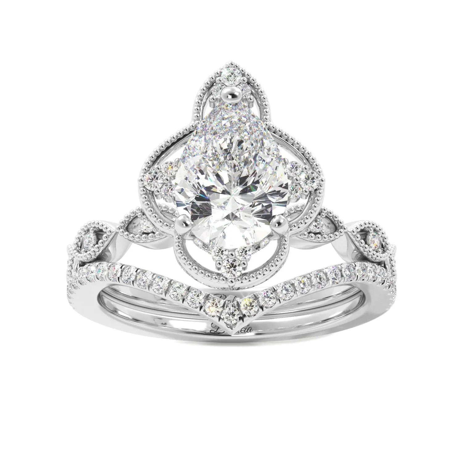 Pear Fancy Halo Milgrain Engagement Ring Set with Contour Band
