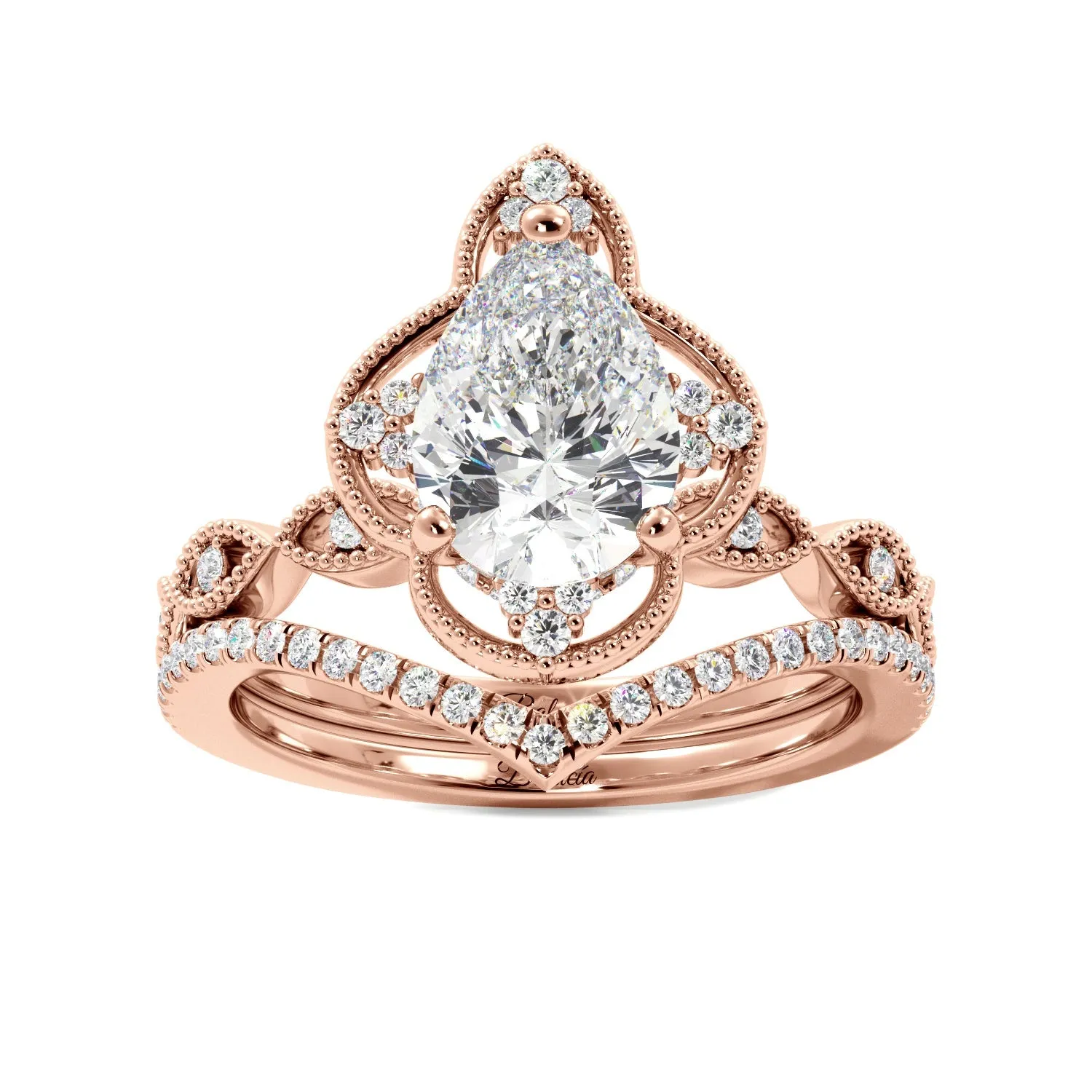 Pear Fancy Halo Milgrain Engagement Ring Set with Contour Band