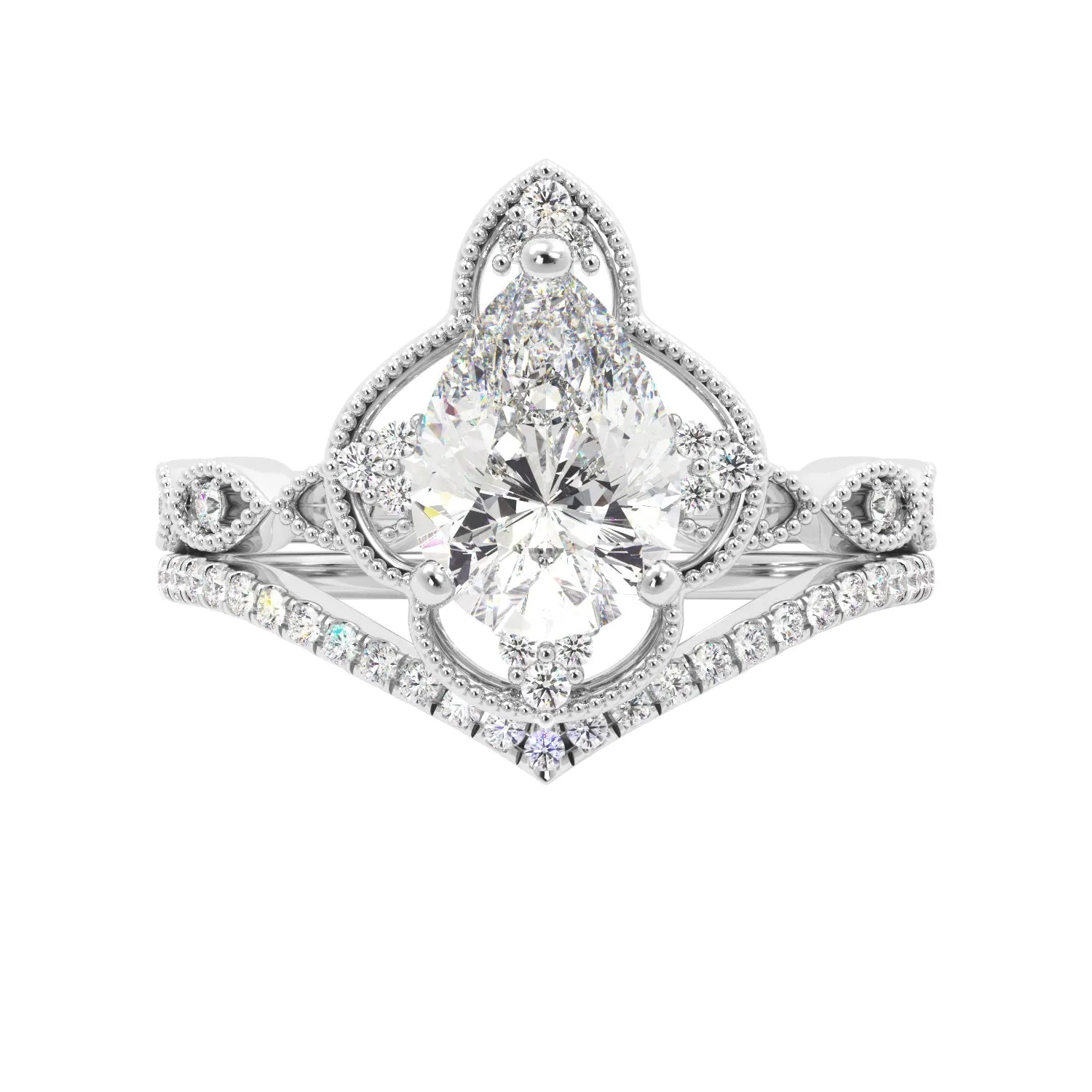 Pear Fancy Halo Milgrain Engagement Ring Set with Contour Band