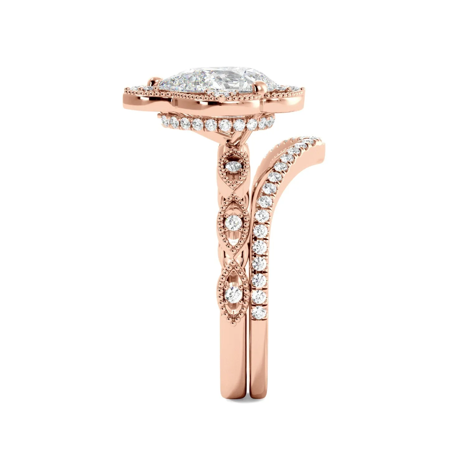 Pear Fancy Halo Milgrain Engagement Ring Set with Contour Band