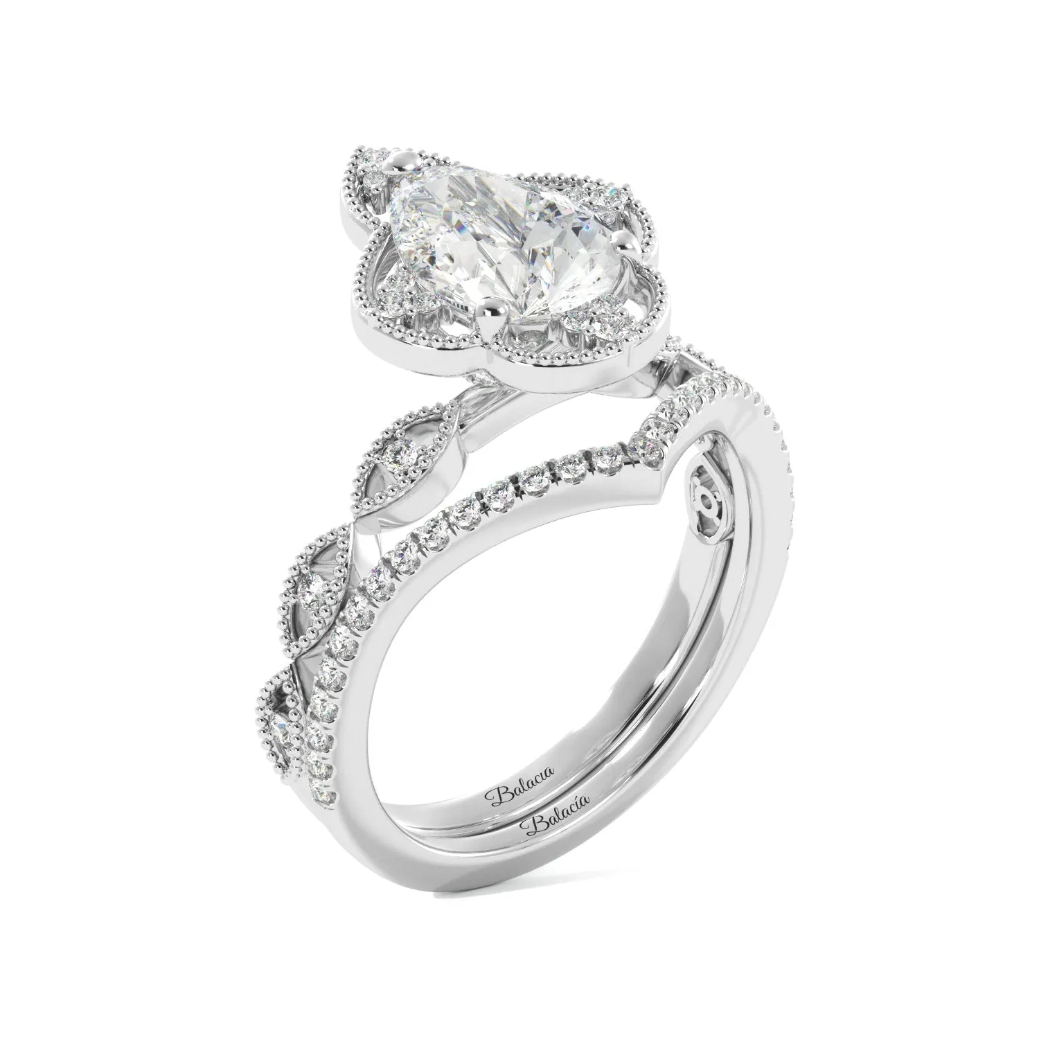 Pear Fancy Halo Milgrain Engagement Ring Set with Contour Band