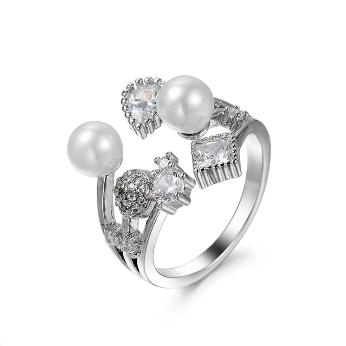 Pearl & Crystal Silver-Plated Open Ring