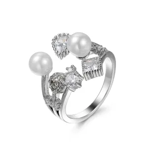 Pearl & Crystal Silver-Plated Open Ring