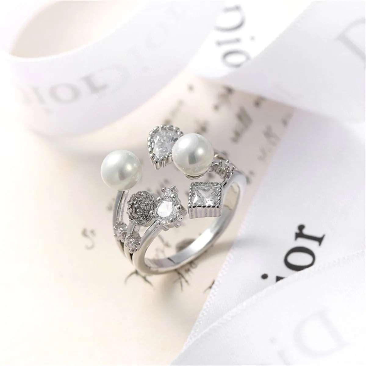 Pearl & Crystal Silver-Plated Open Ring