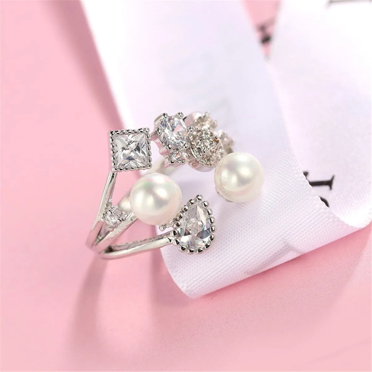 Pearl & Crystal Silver-Plated Open Ring