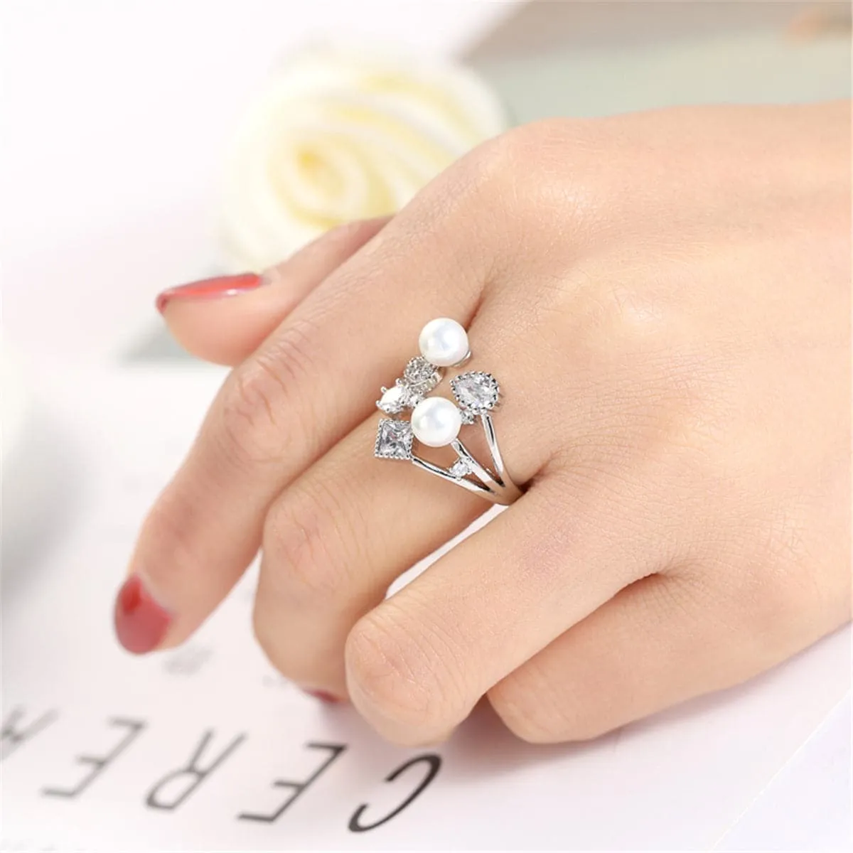 Pearl & Crystal Silver-Plated Open Ring