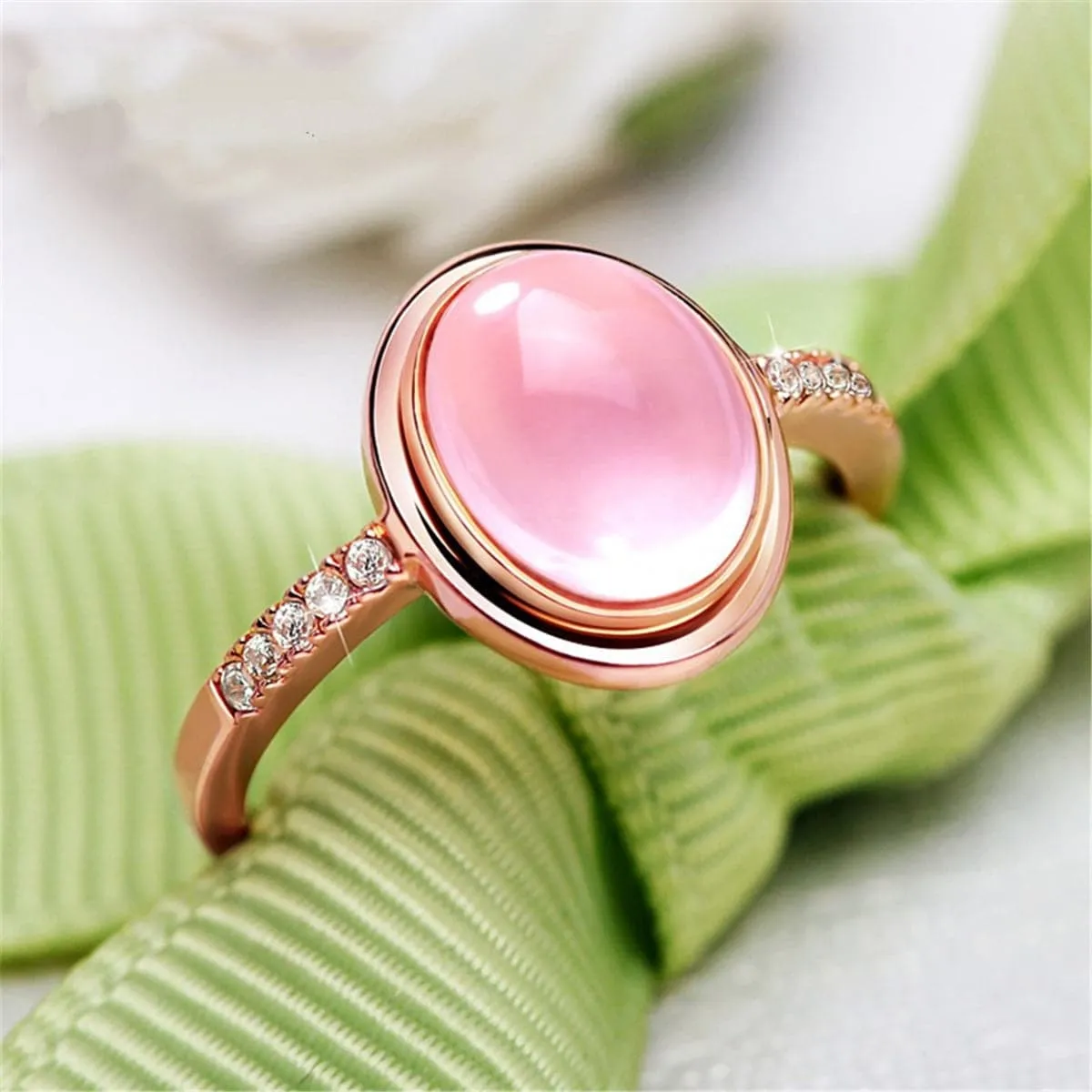 Pink Cats Eye & Cubic Zirconia Adjustable Ring