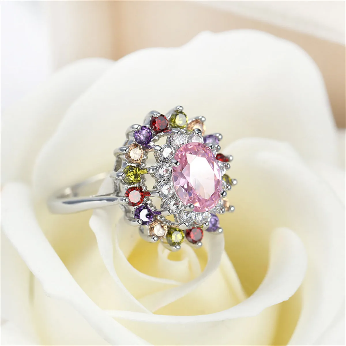 Pink Crystal & Cubic Zirconia Silver-Plated Oval-Cut Ring