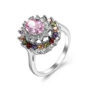 Pink Crystal & Cubic Zirconia Silver-Plated Oval-Cut Ring