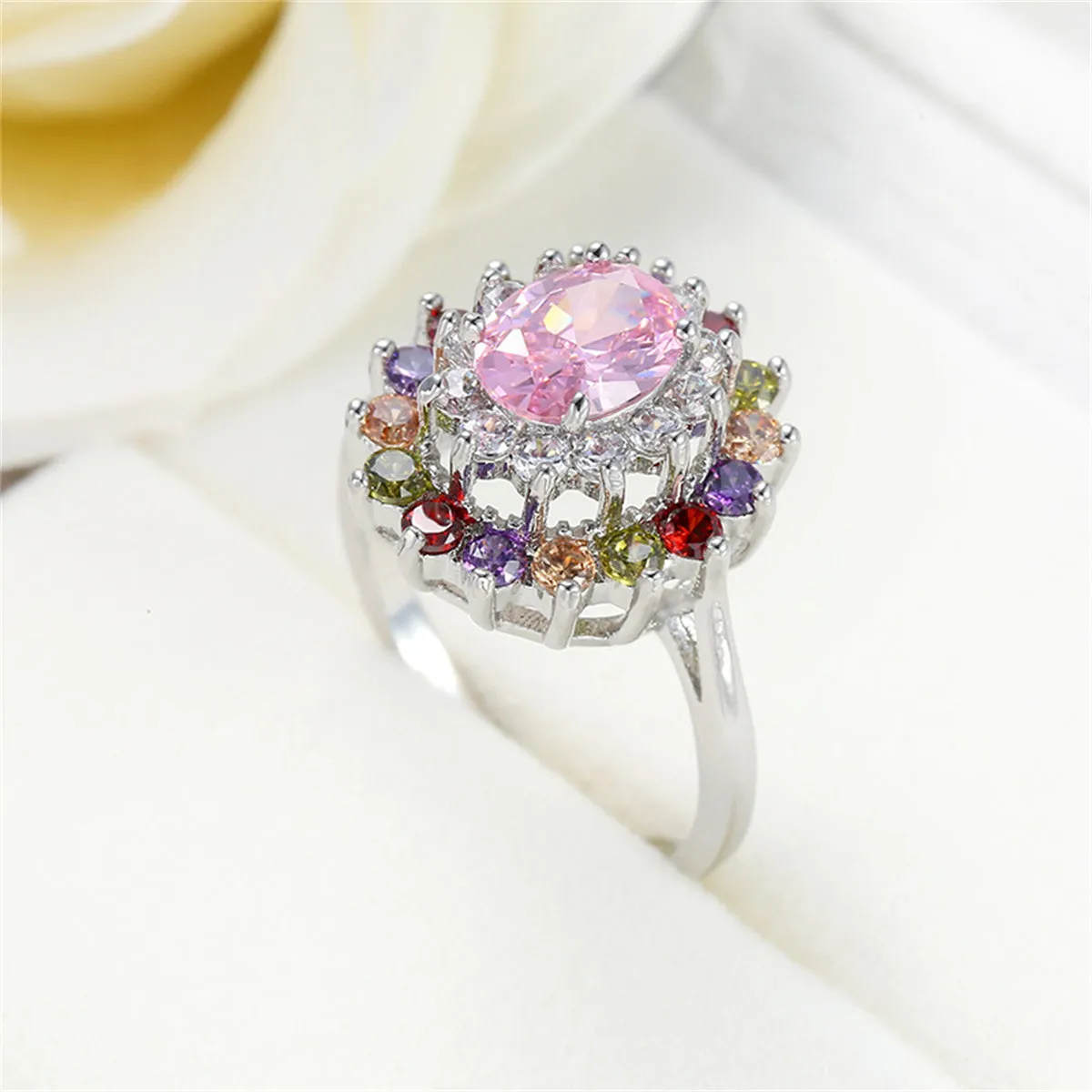 Pink Crystal & Cubic Zirconia Silver-Plated Oval-Cut Ring