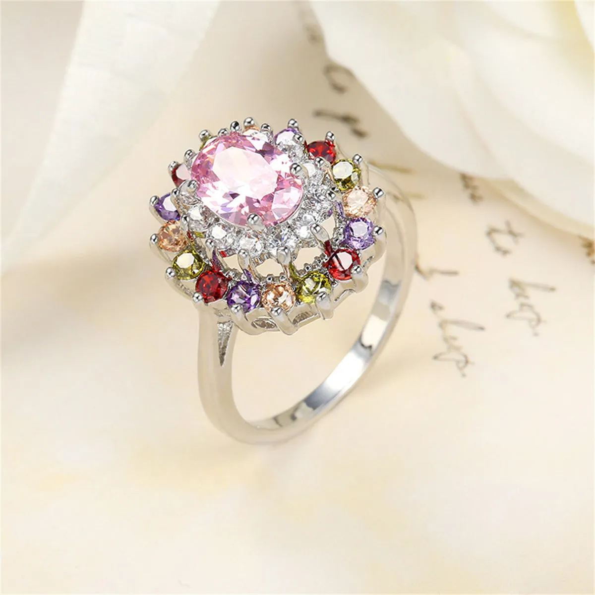 Pink Crystal & Cubic Zirconia Silver-Plated Oval-Cut Ring