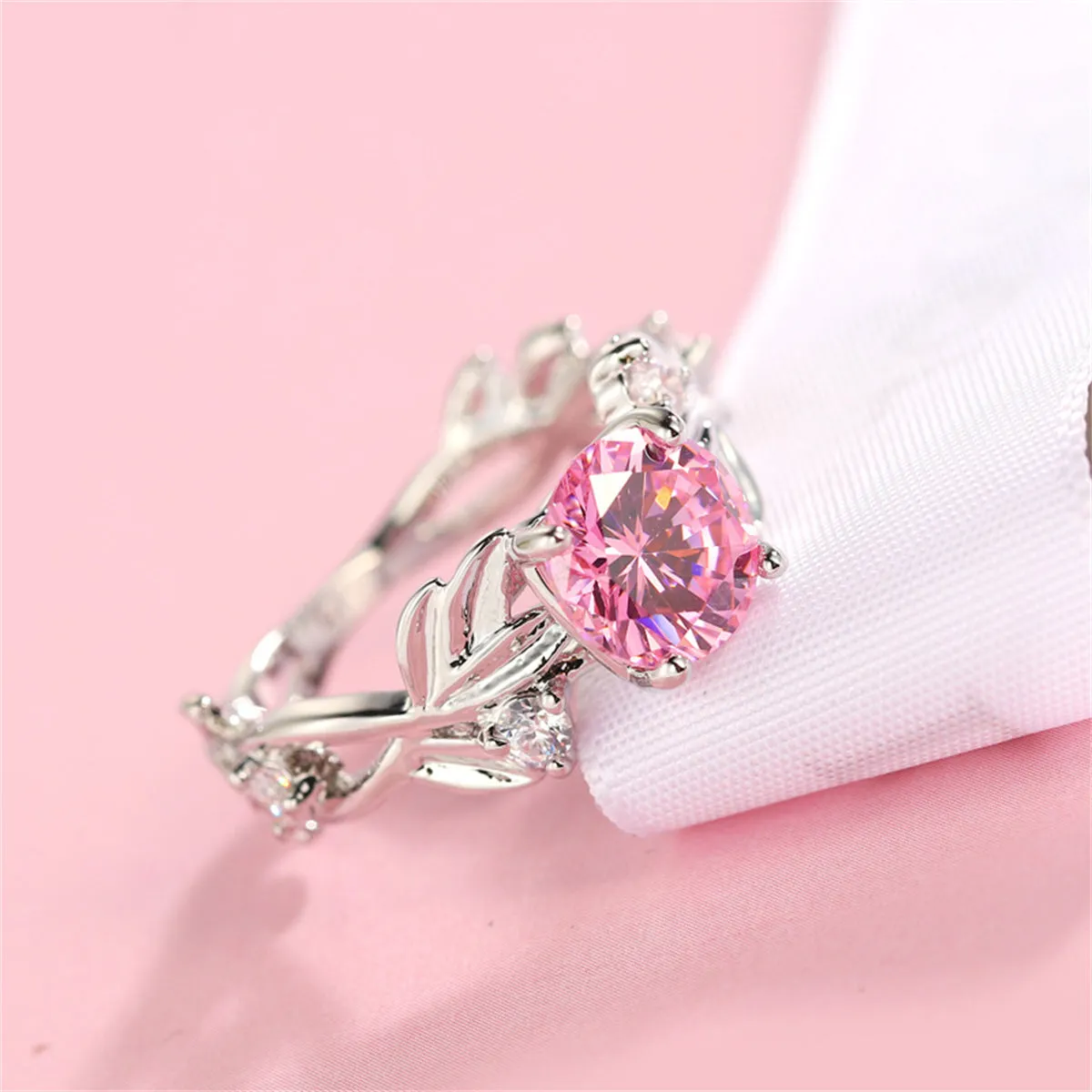 Pink Crystal & Silver-Plated Round-Cut Ring