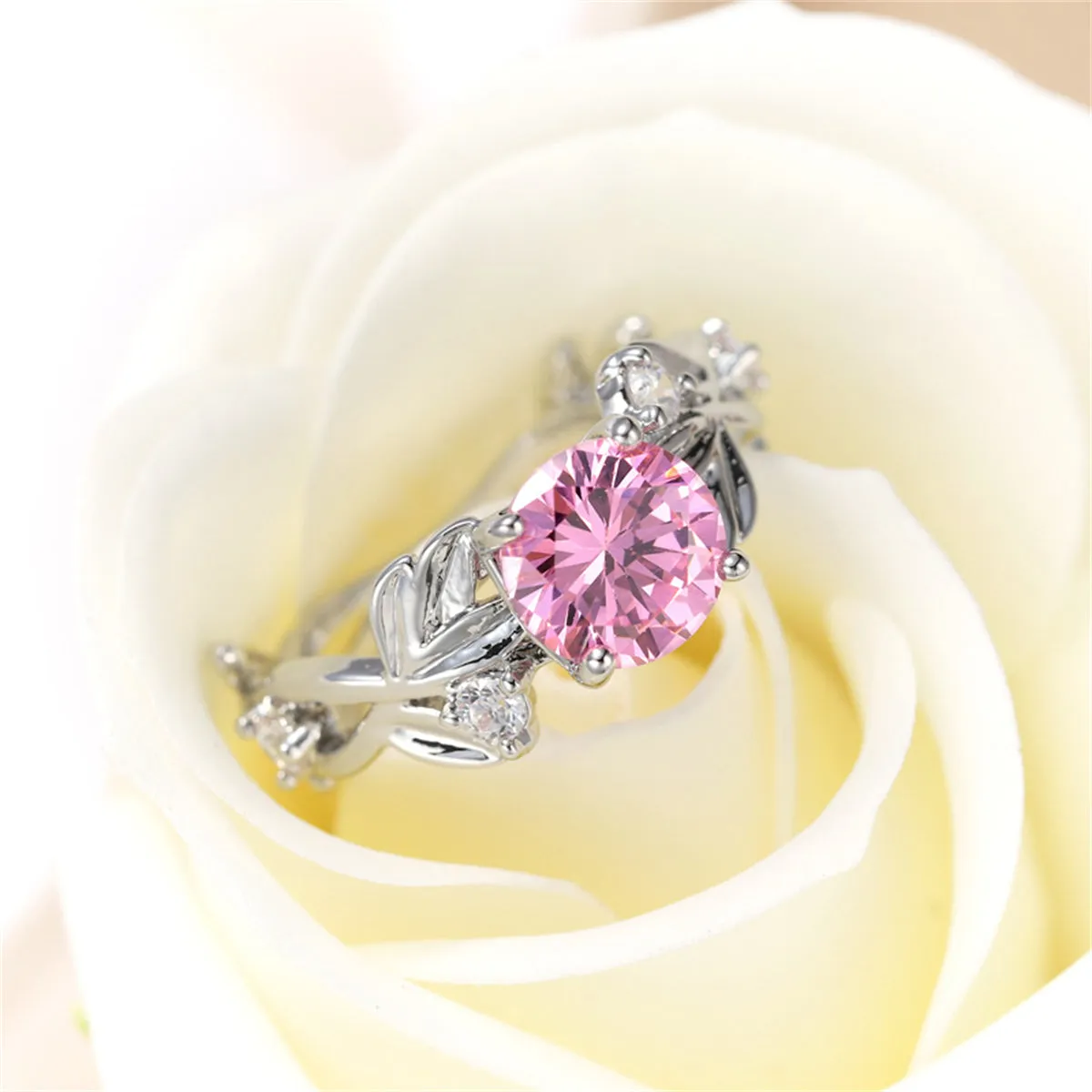 Pink Crystal & Silver-Plated Round-Cut Ring