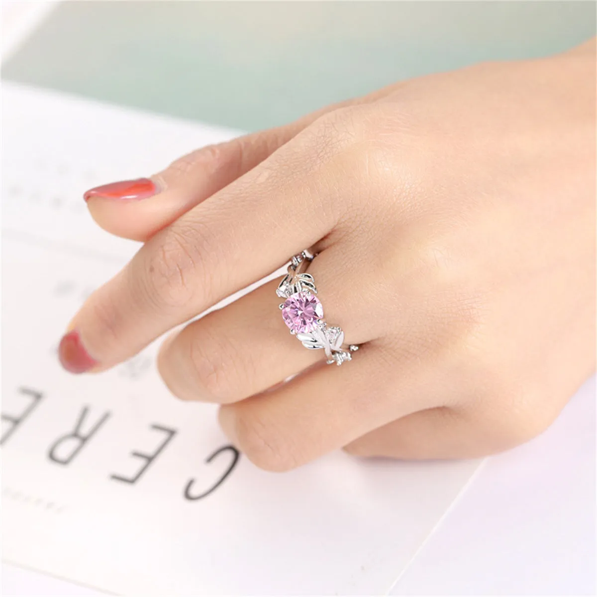 Pink Crystal & Silver-Plated Round-Cut Ring