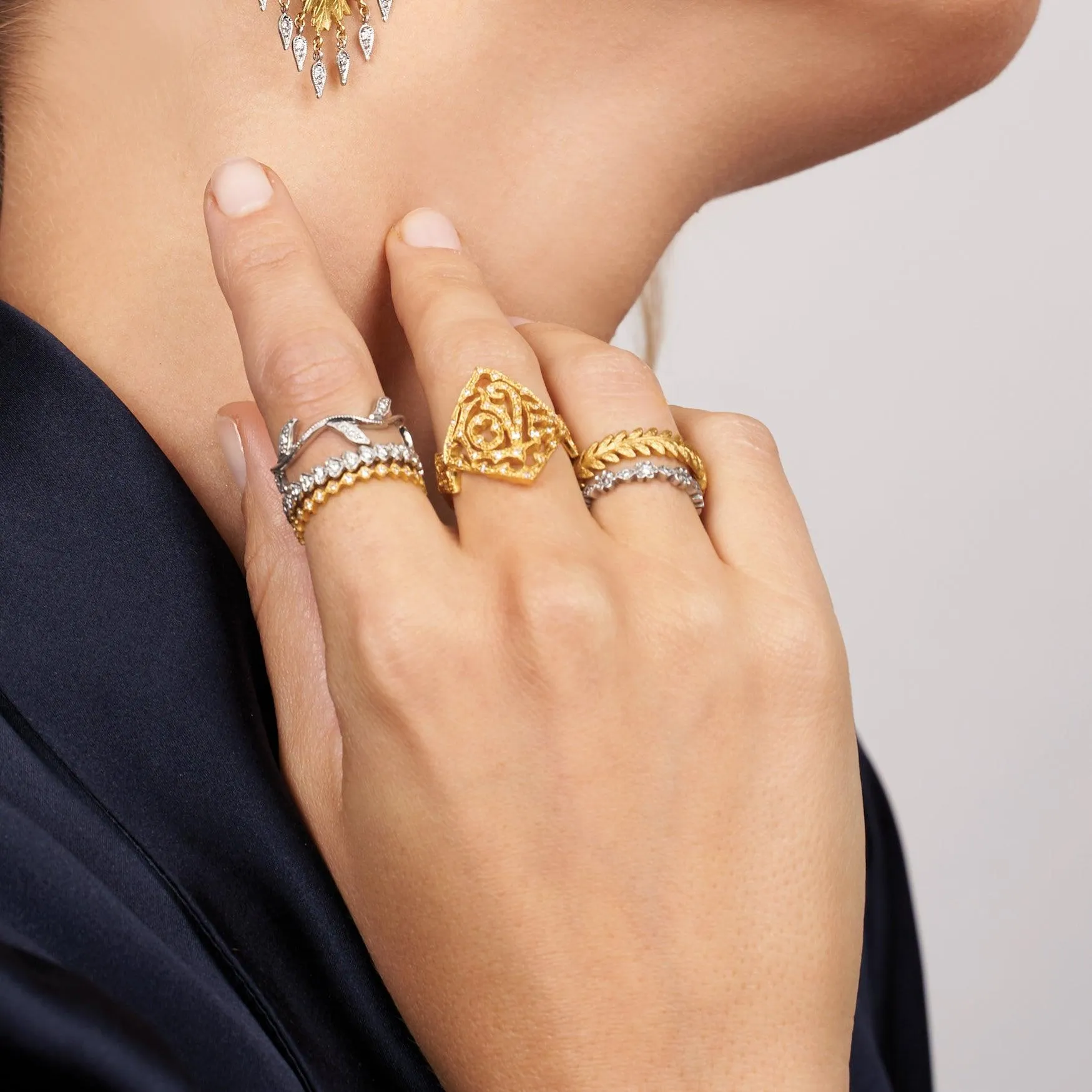 Platinum and Diamond "Tiny Scalloped Flower Band" Ring