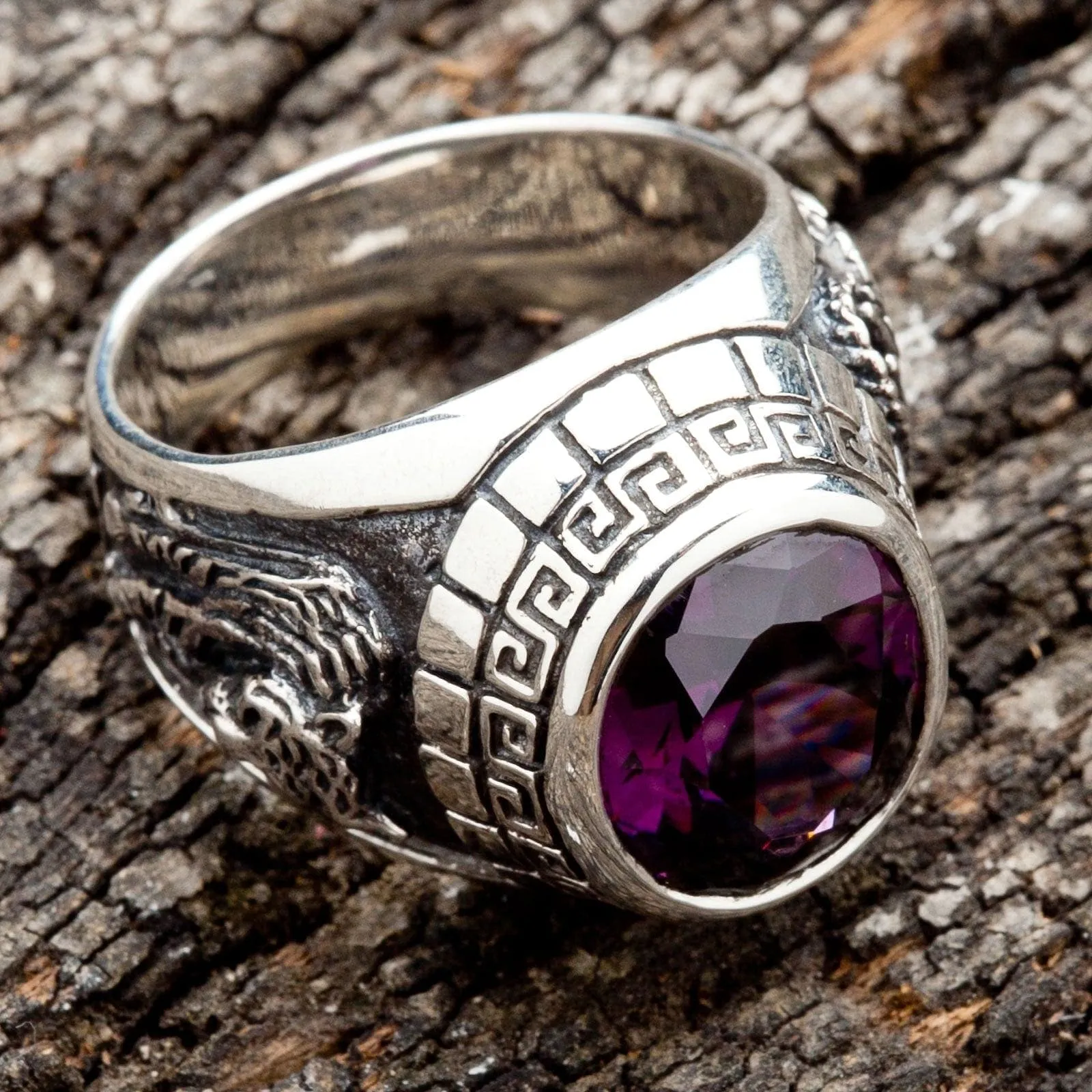 Purple Amethyst Japanese Tiger Dragon Men's Ring