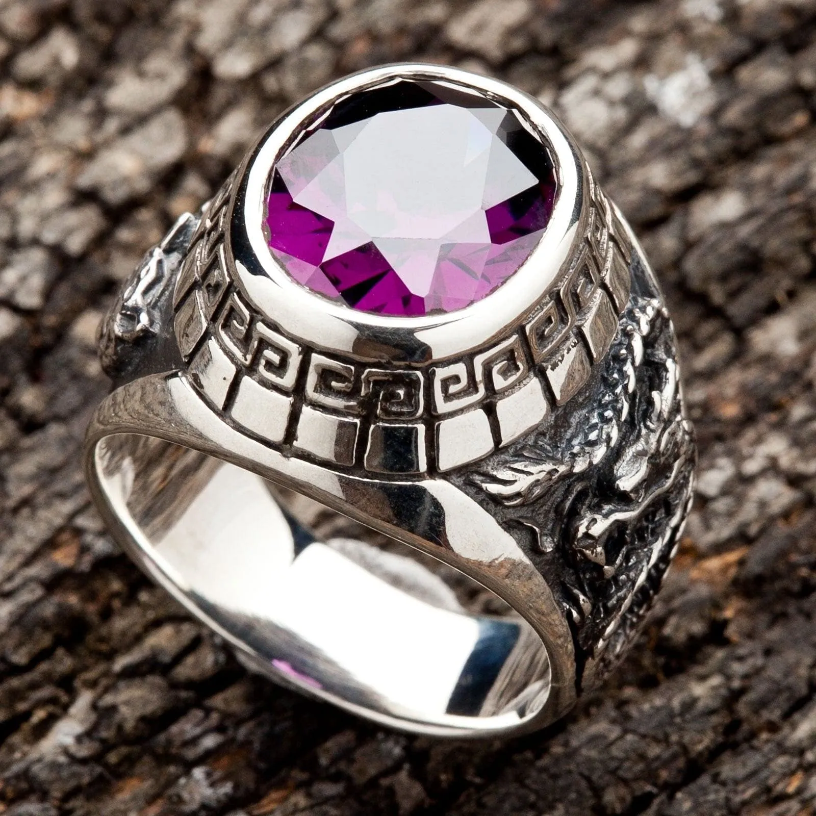 Purple Amethyst Japanese Tiger Dragon Men's Ring