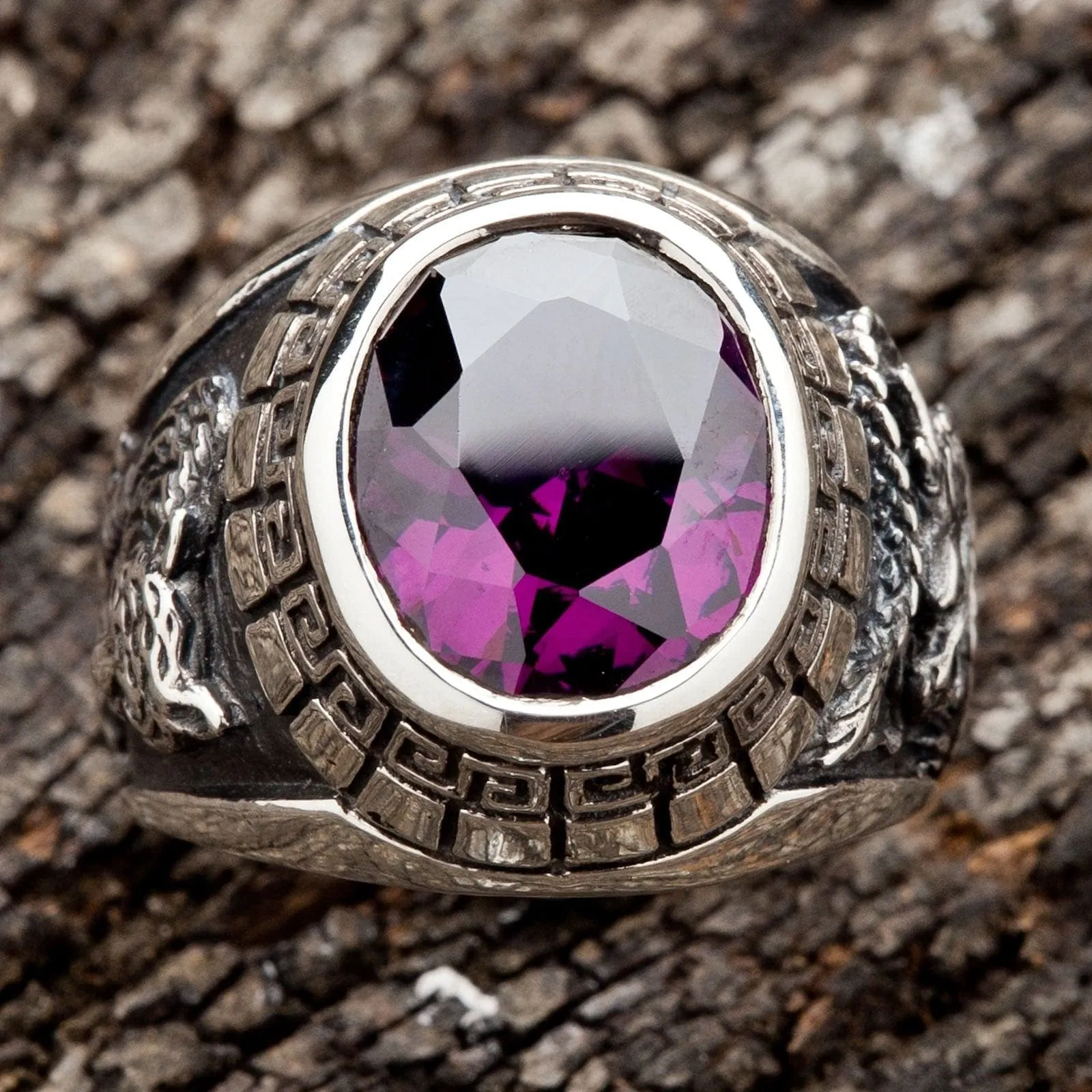Purple Amethyst Japanese Tiger Dragon Men's Ring