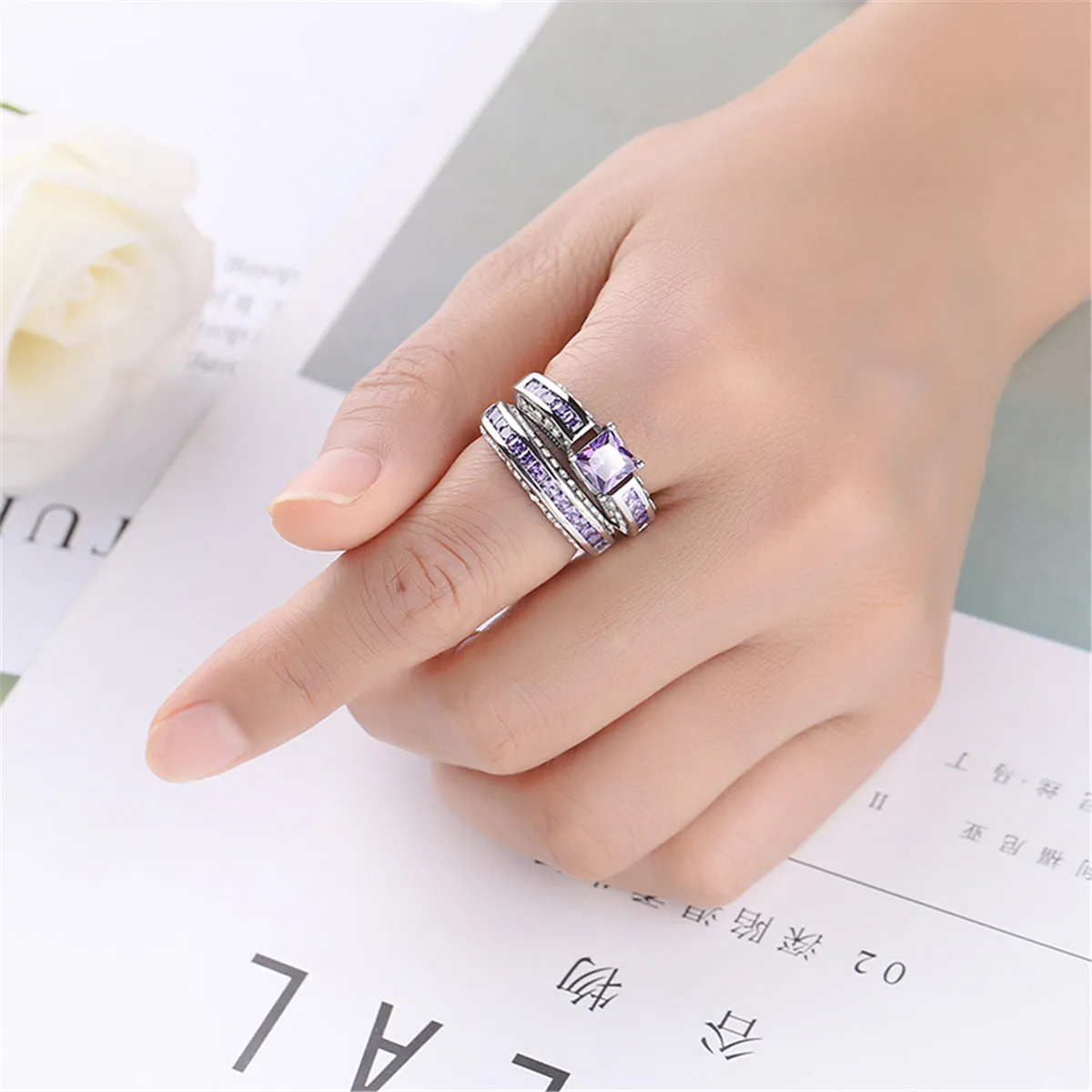 Purple Crystal & Cubic Zirconia Princess-Cut Band & Ring Set