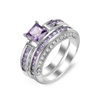 Purple Crystal & Cubic Zirconia Princess-Cut Band & Ring Set