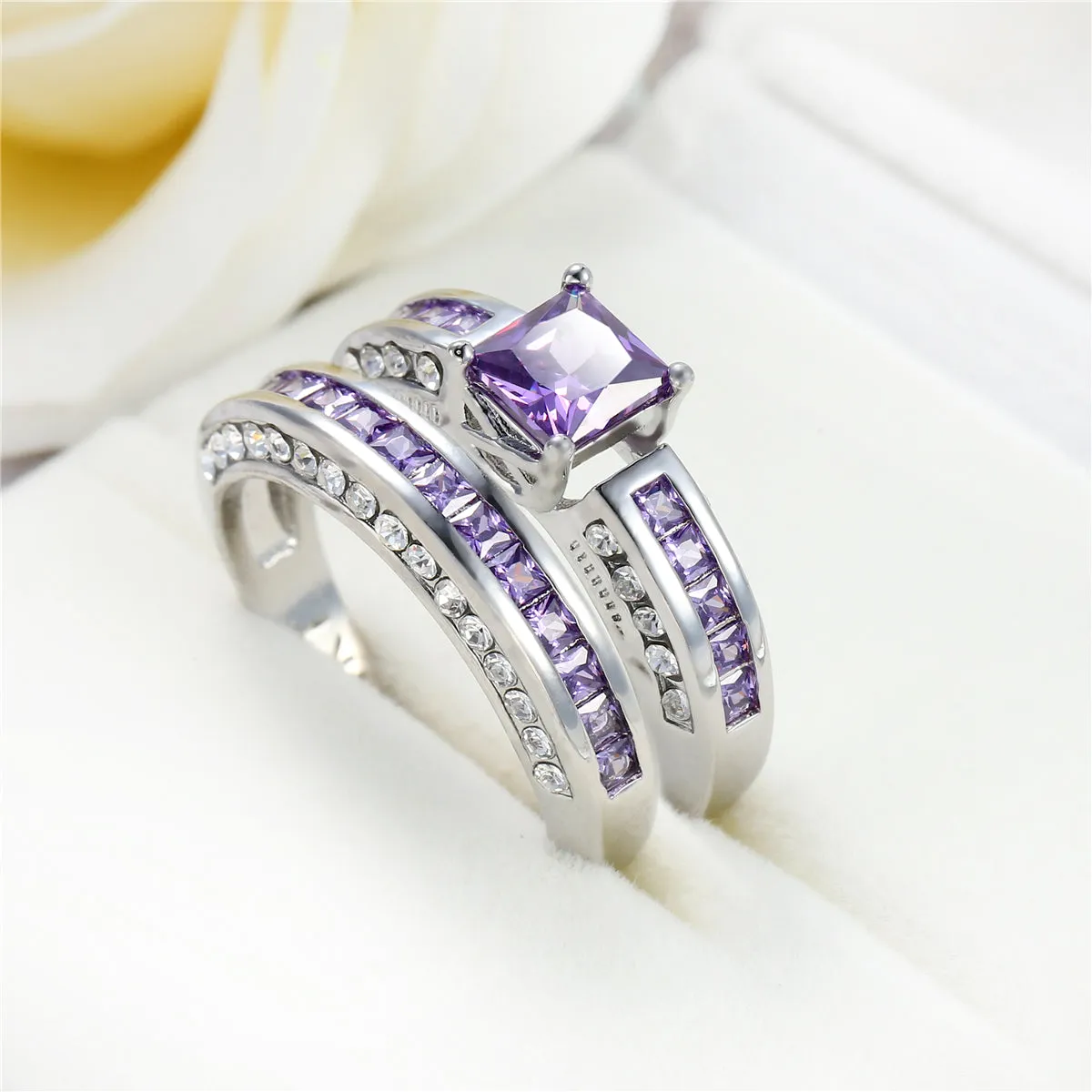 Purple Crystal & Cubic Zirconia Princess-Cut Band & Ring Set
