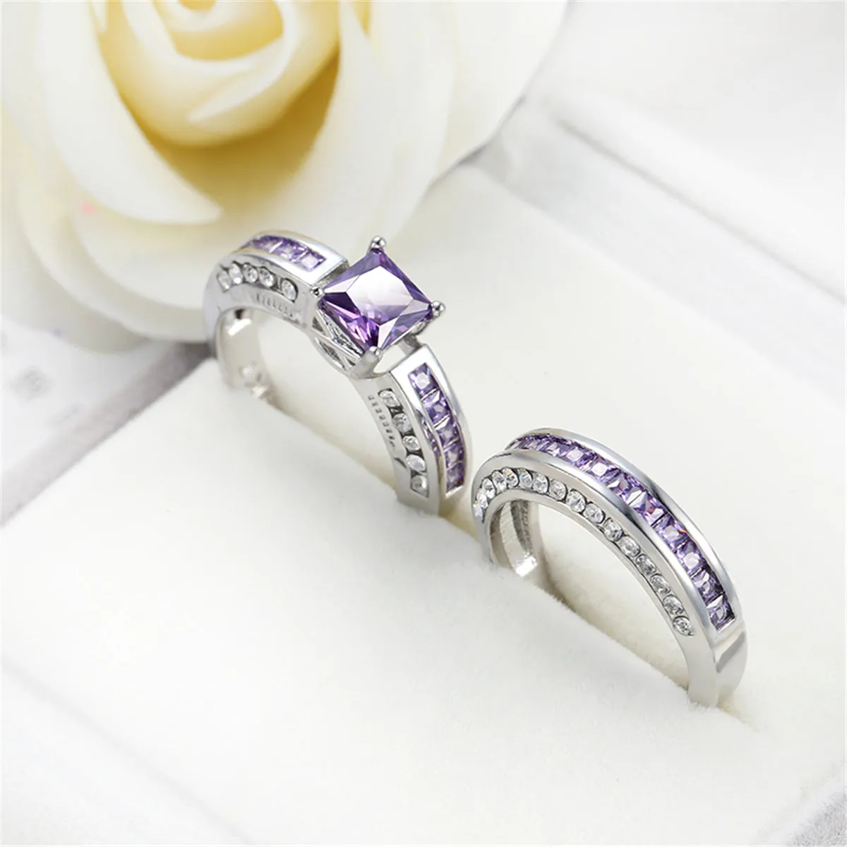 Purple Crystal & Cubic Zirconia Princess-Cut Band & Ring Set