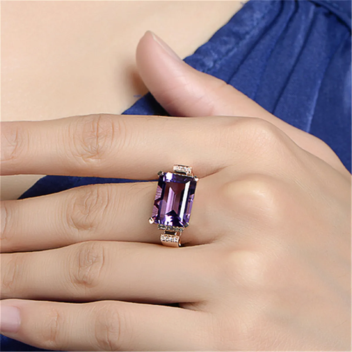 Purple Crystal & Cubic Zirconia Rectangle-Cut Ring