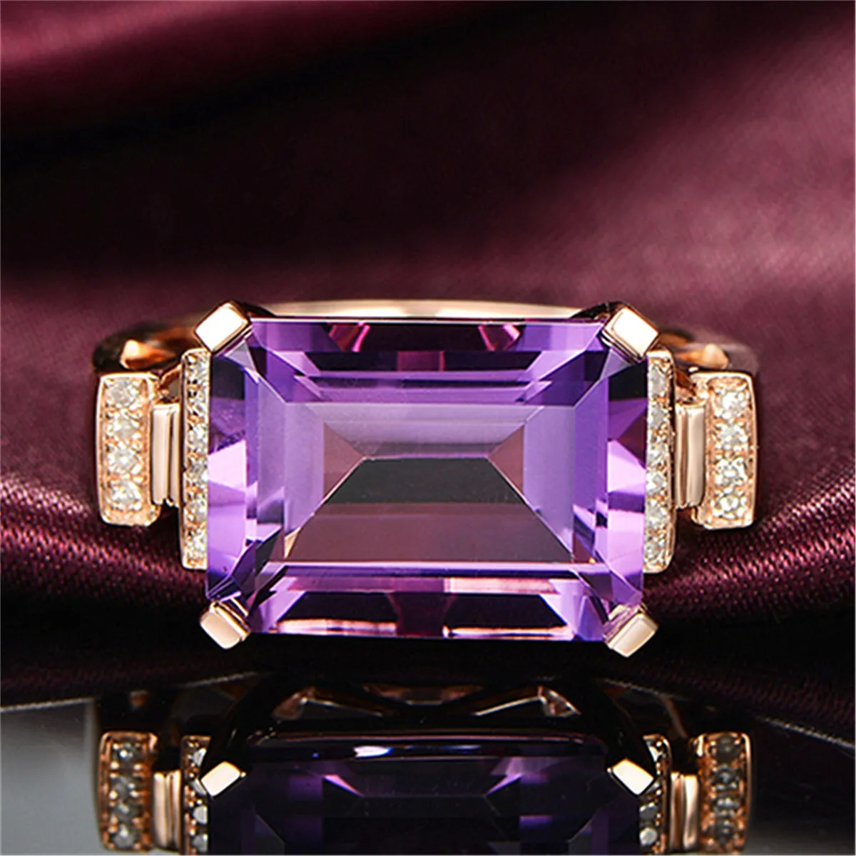 Purple Crystal & Cubic Zirconia Rectangle-Cut Ring
