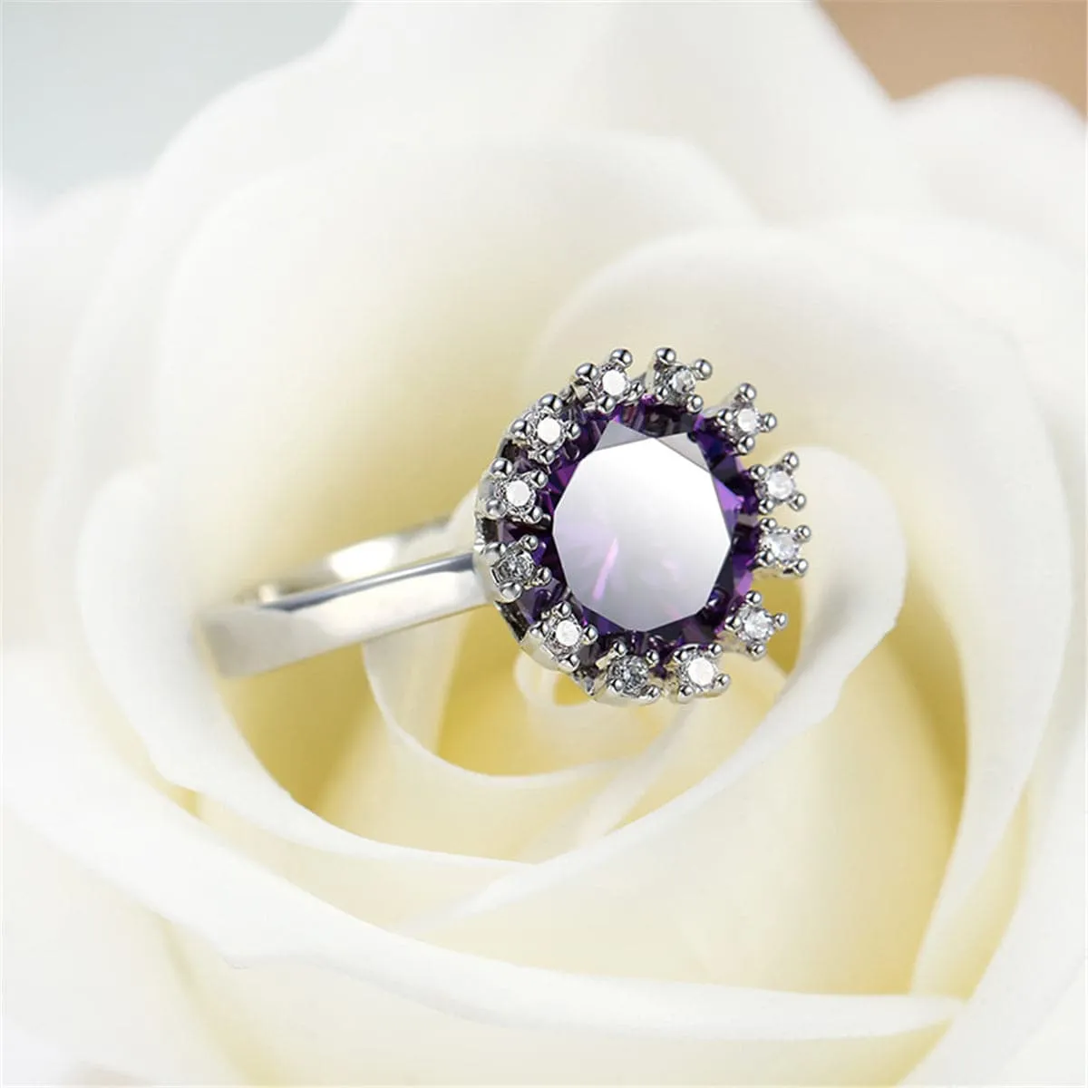 Purple Crystal & Cubic Zirconia Silver-Plated Sunflower Ring