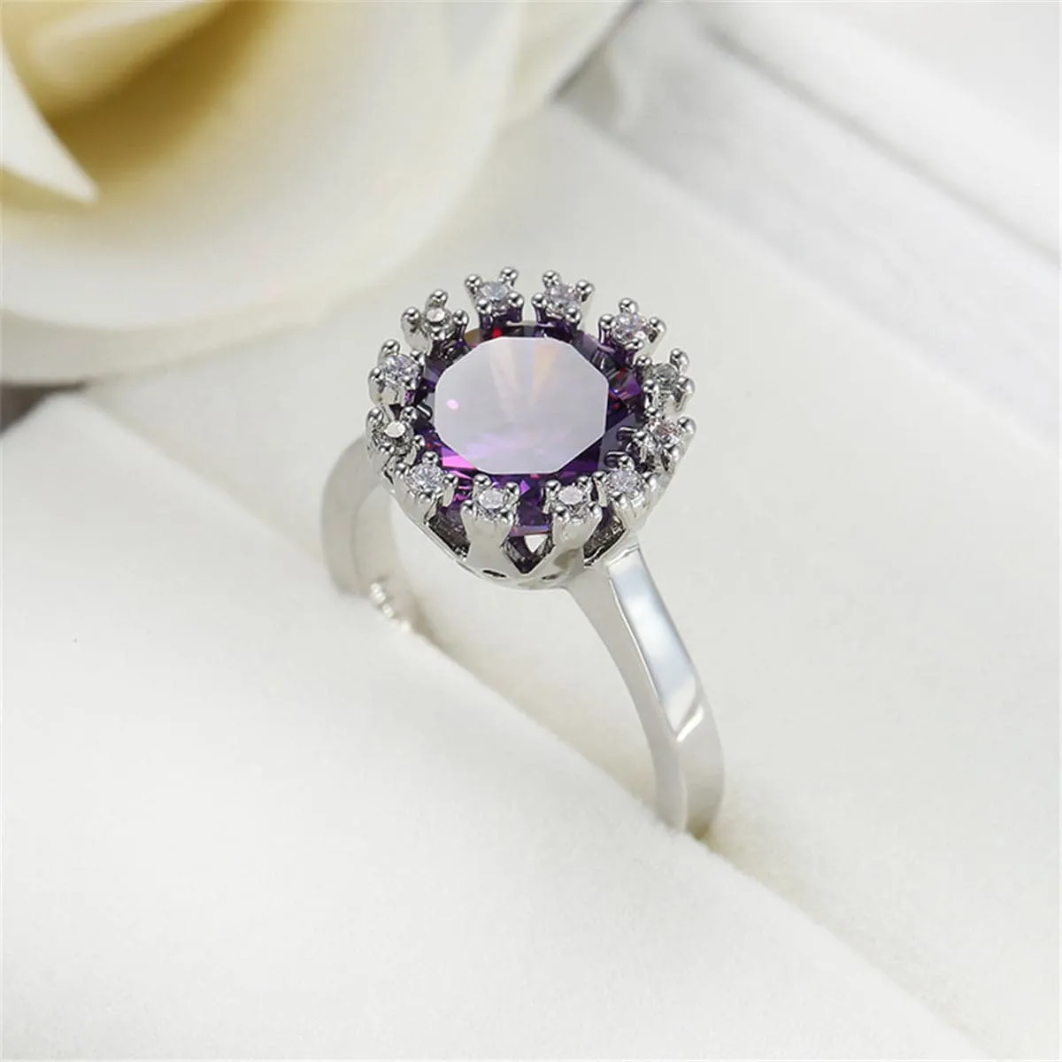 Purple Crystal & Cubic Zirconia Silver-Plated Sunflower Ring
