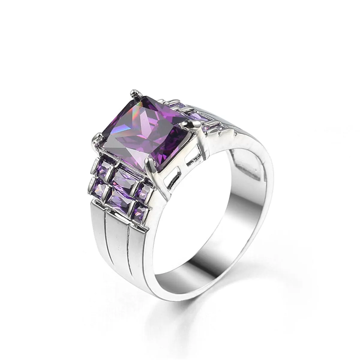 Purple Crystal & Silver-Plated Emerald-Cut Ring