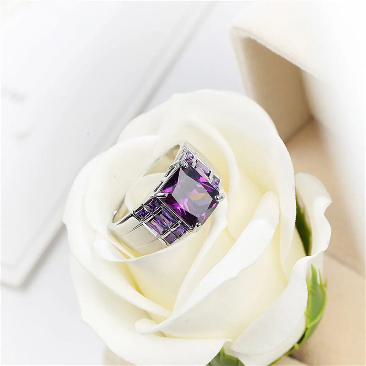 Purple Crystal & Silver-Plated Emerald-Cut Ring