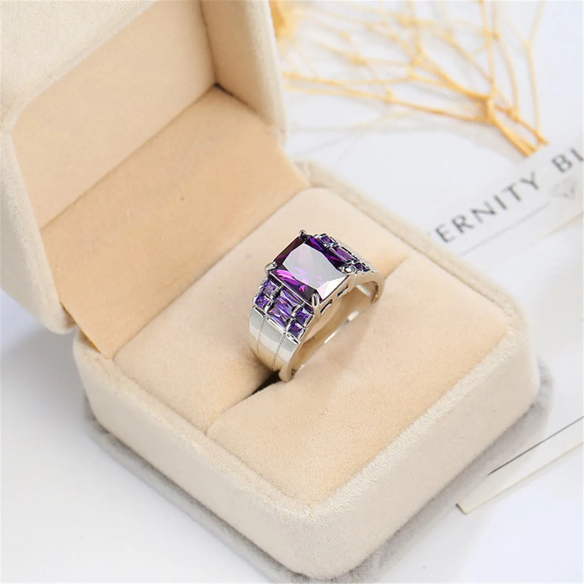 Purple Crystal & Silver-Plated Emerald-Cut Ring