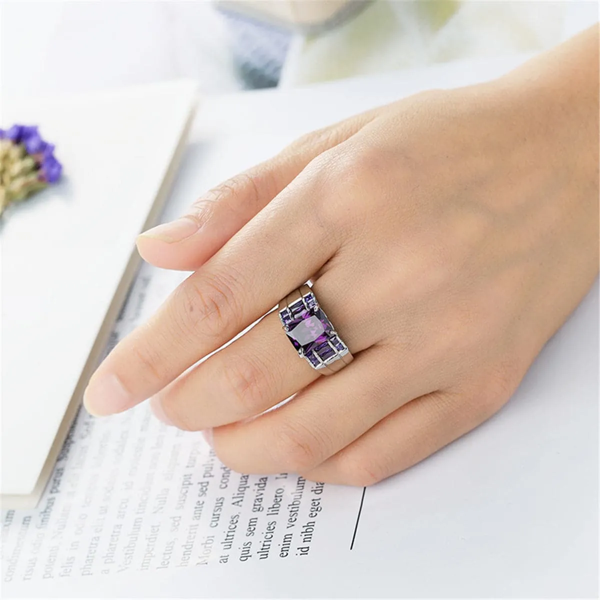 Purple Crystal & Silver-Plated Emerald-Cut Ring