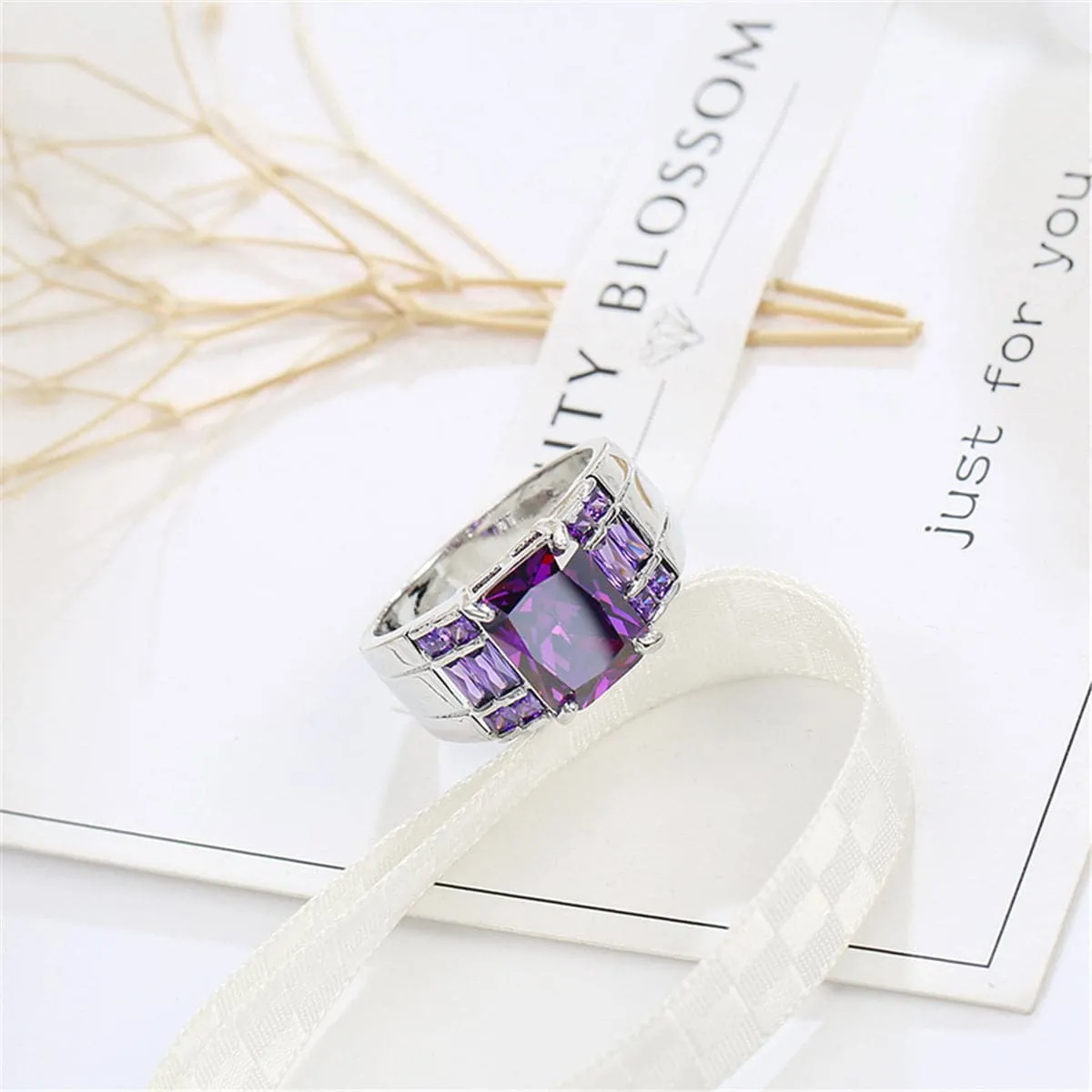 Purple Crystal & Silver-Plated Emerald-Cut Ring