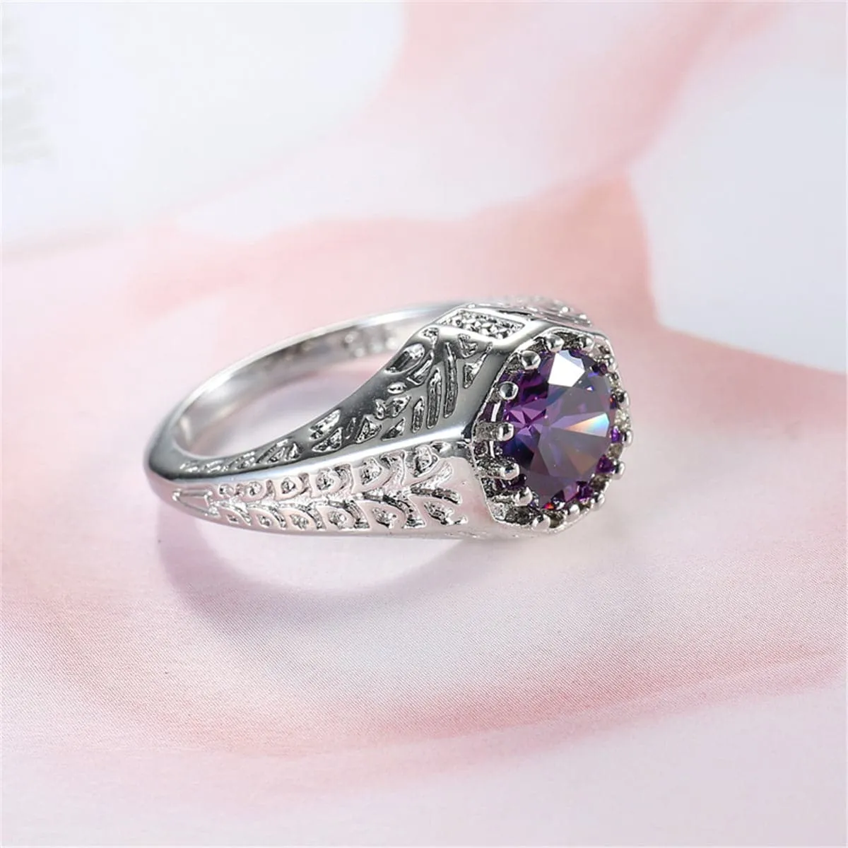 Purple Crystal & Silver-Plated Flush-Band Ring