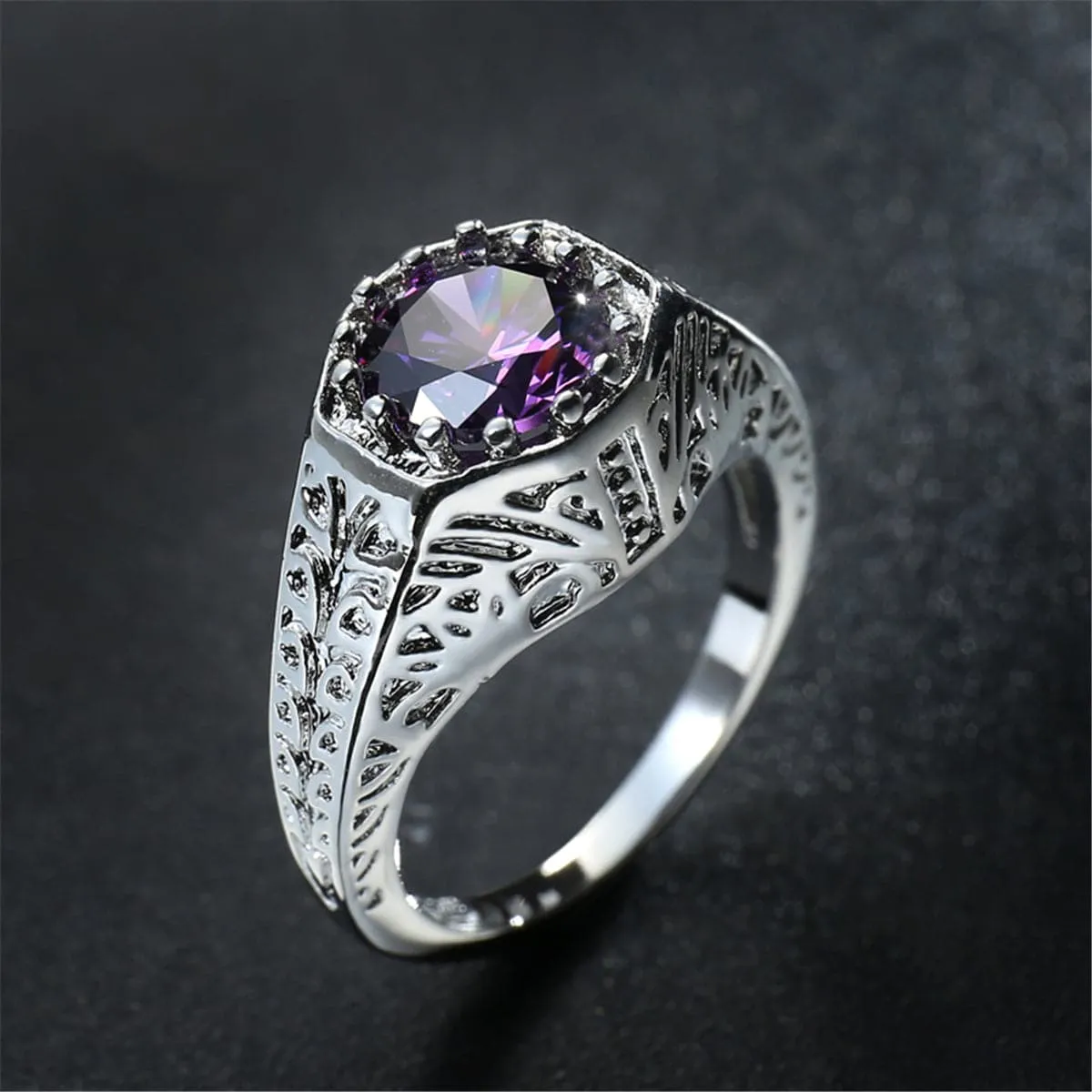 Purple Crystal & Silver-Plated Flush-Band Ring