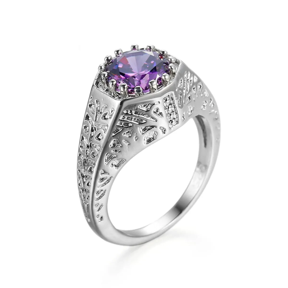 Purple Crystal & Silver-Plated Flush-Band Ring