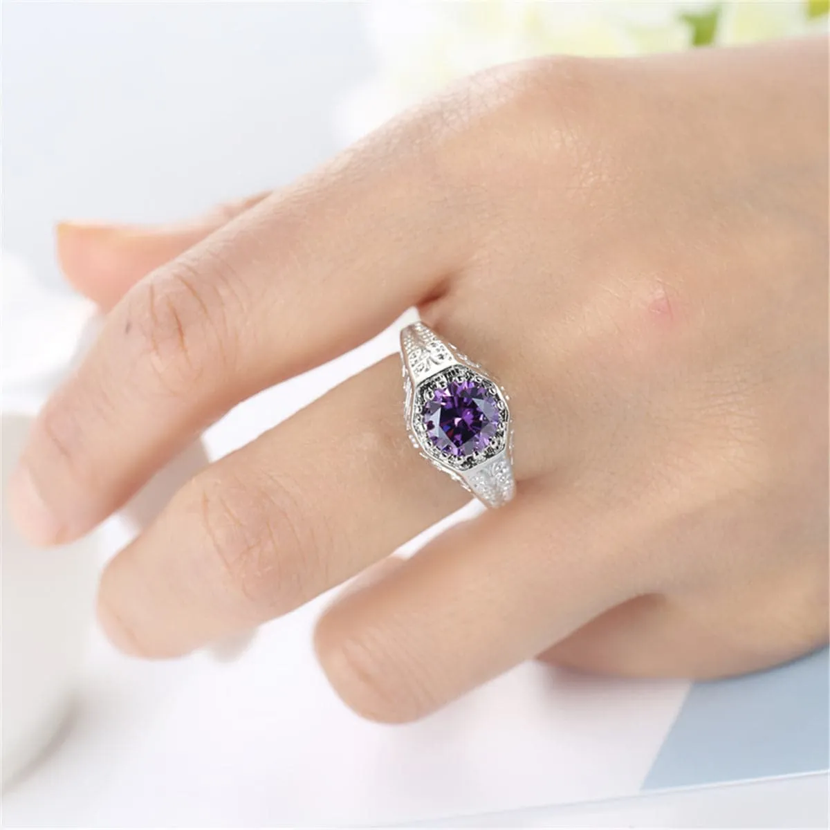 Purple Crystal & Silver-Plated Flush-Band Ring