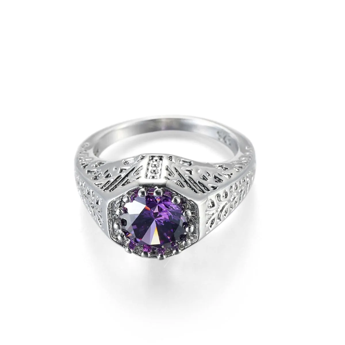 Purple Crystal & Silver-Plated Flush-Band Ring