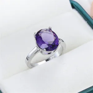 Purple Crystal & Silver-Plated Oval-Cut Solitaire Ring