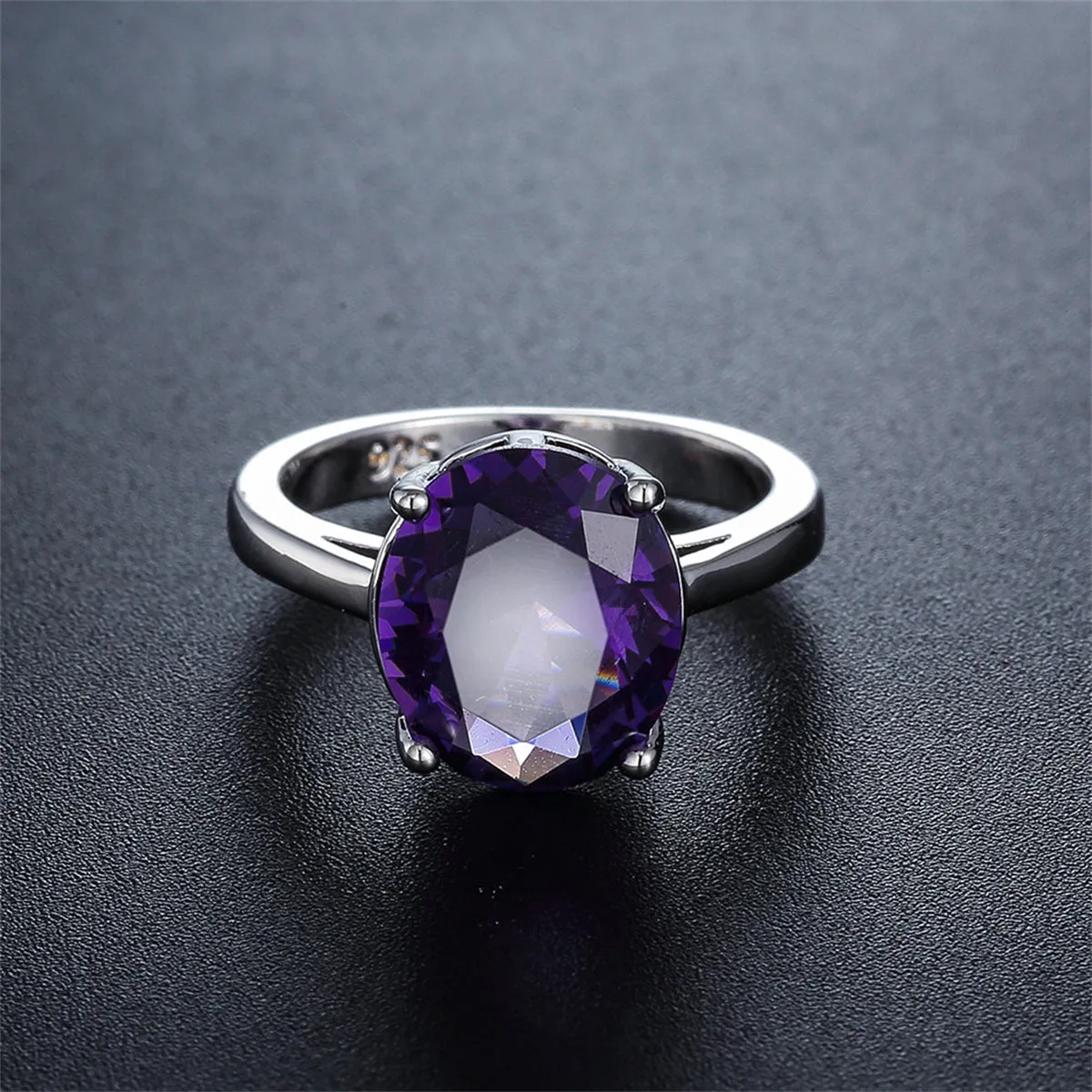 Purple Crystal & Silver-Plated Oval-Cut Solitaire Ring