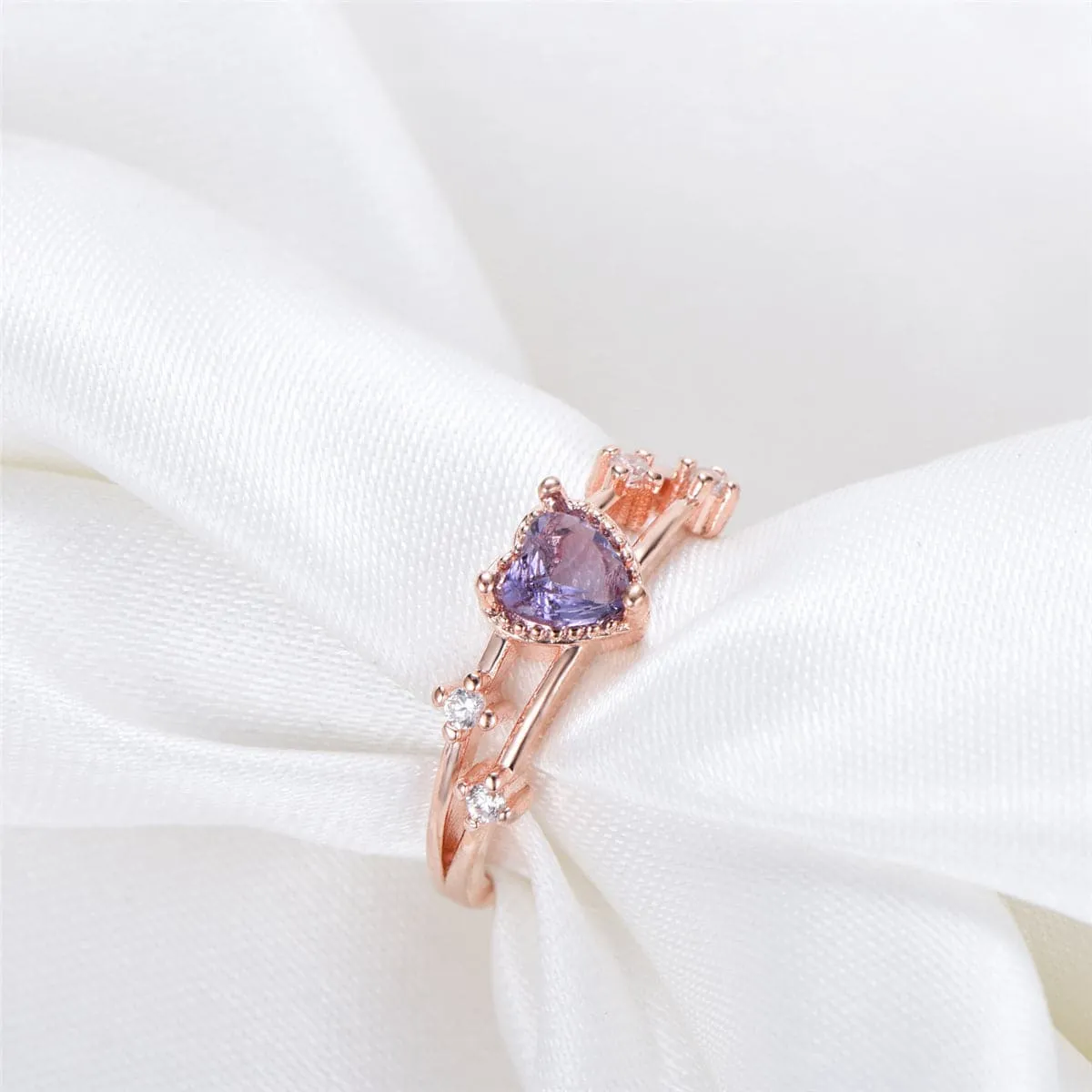 Purple Cubic Zirconia & 18K Rose Gold-Plated Heart Ring