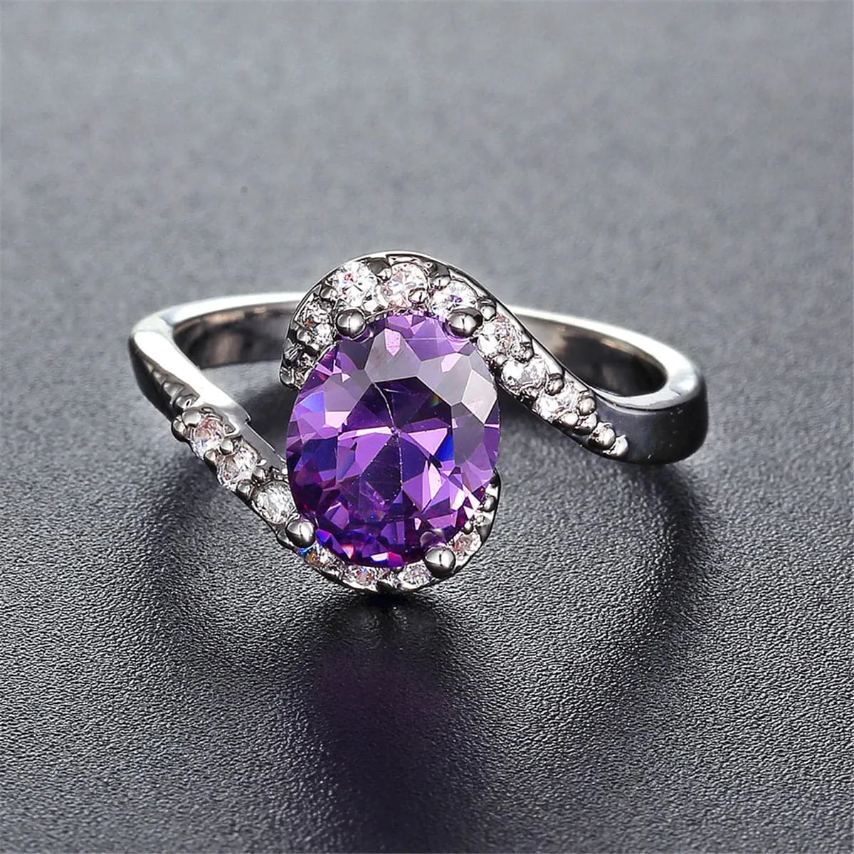 Purple Cubic Zirconia & Crystal Curve Oval Ring