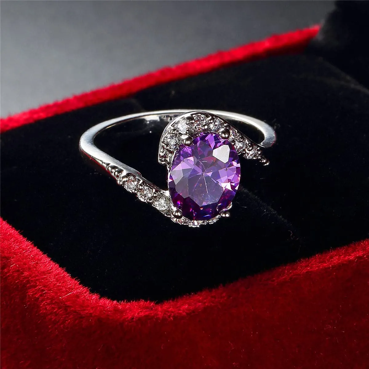 Purple Cubic Zirconia & Crystal Curve Oval Ring
