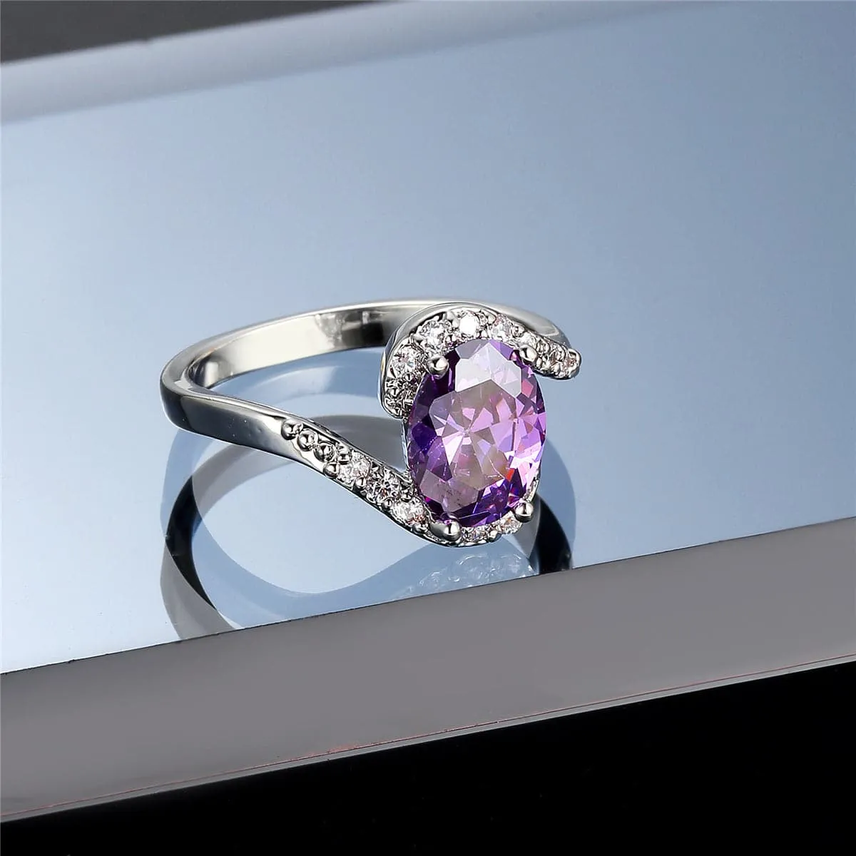 Purple Cubic Zirconia & Crystal Curve Oval Ring